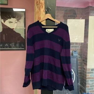 American Eagle Outfitters Men's V-Neck Purple and Navy Sweater